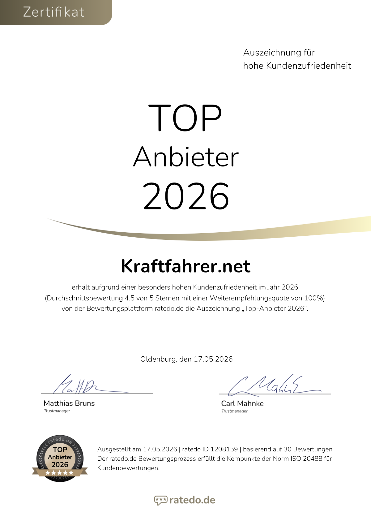 Zertifikat Top-Anbieter 2026 — Kraftfahrer.net, ausgestellt am 17.05.2026 von ratedo.de